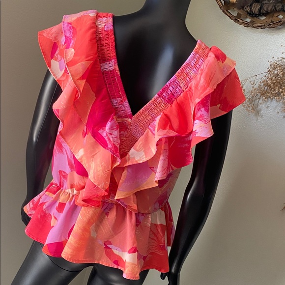 Floral Ruffle V-Neck Top - Pink and Red - Picture 7 of 10
